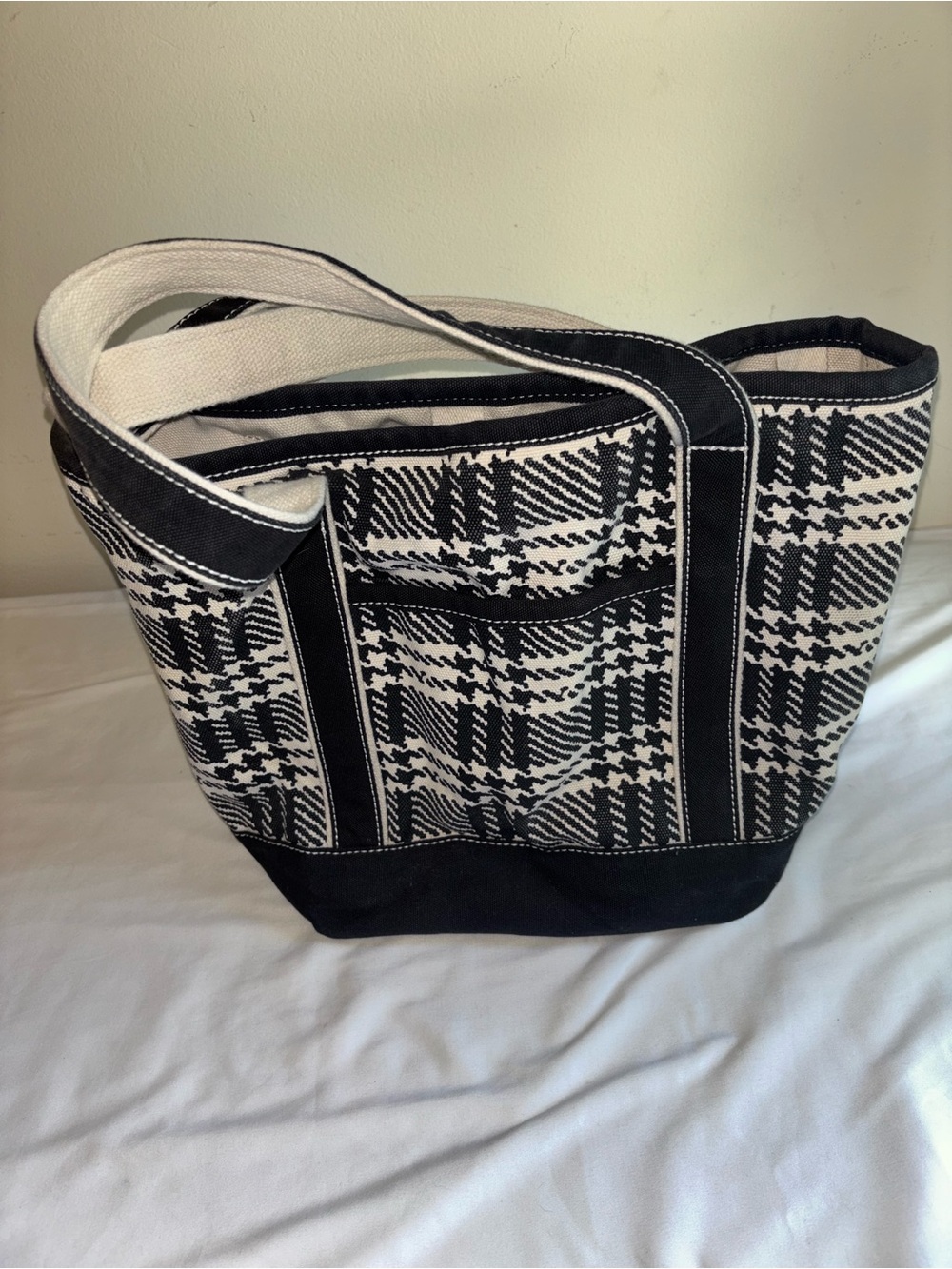 Lands’ End Medium Black & White 5 Pocket Open Top Canvas Tote Bag